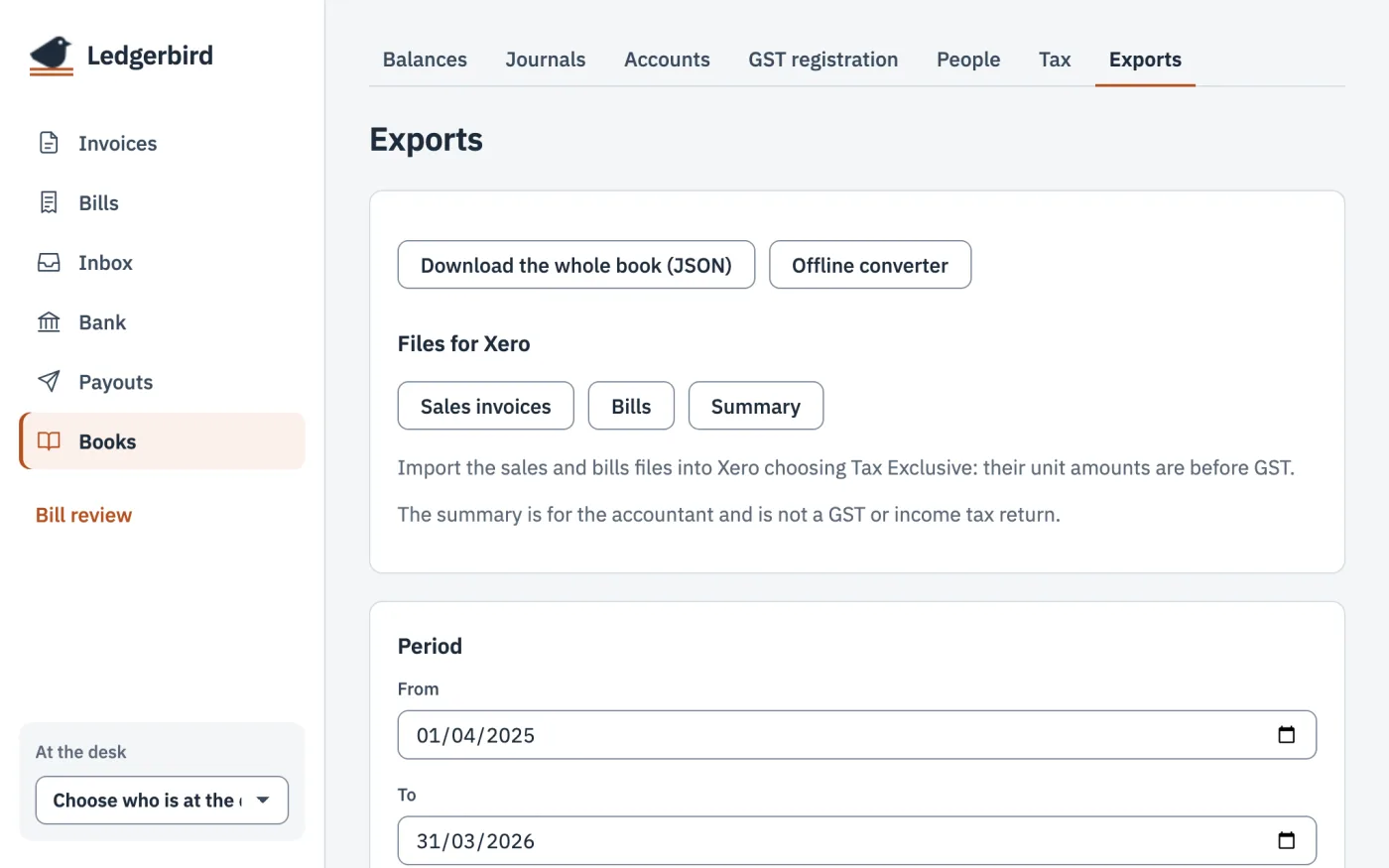 The desk's exports page with buttons for Download the whole book (JSON) and Offline converter, then Files for Xero: sales invoices, bills and a summary, with a note to import them as Tax Exclusive.